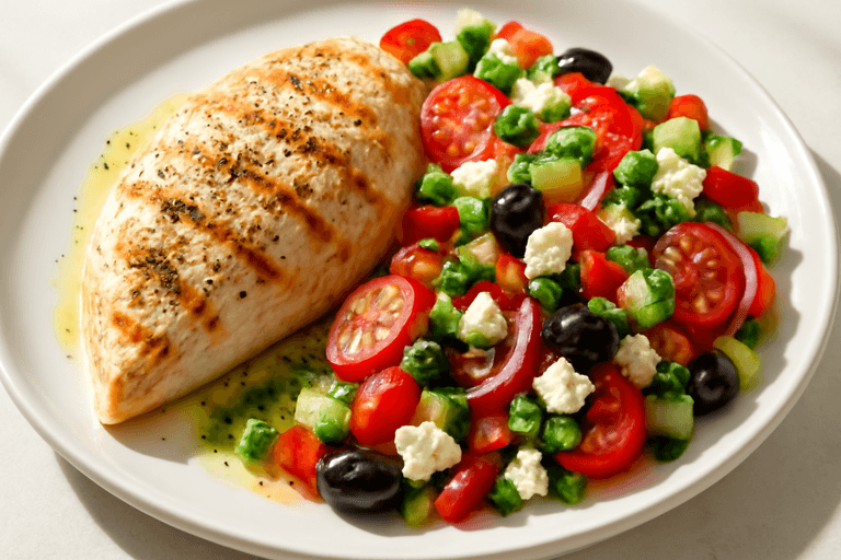 Pollo a la plancha con ensalada mediterránea