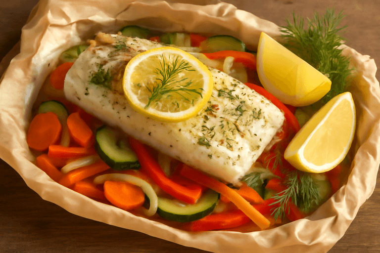 Pieczony dorsz z warzywami i koperkiem