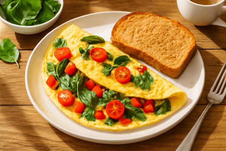 Omelette aux légumes frais et pain complet