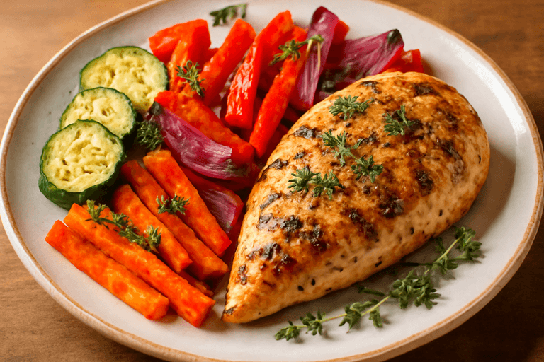 Poulet grillé aux herbes avec légumes rôtis