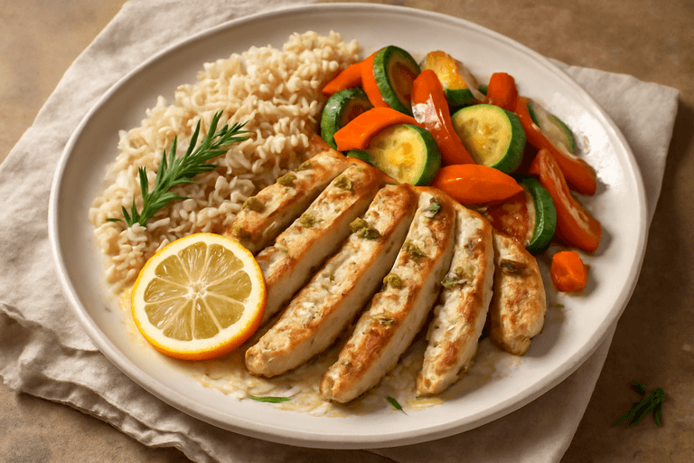 Pollo alla Griglia con Riso Integrale e Verdure Colorate