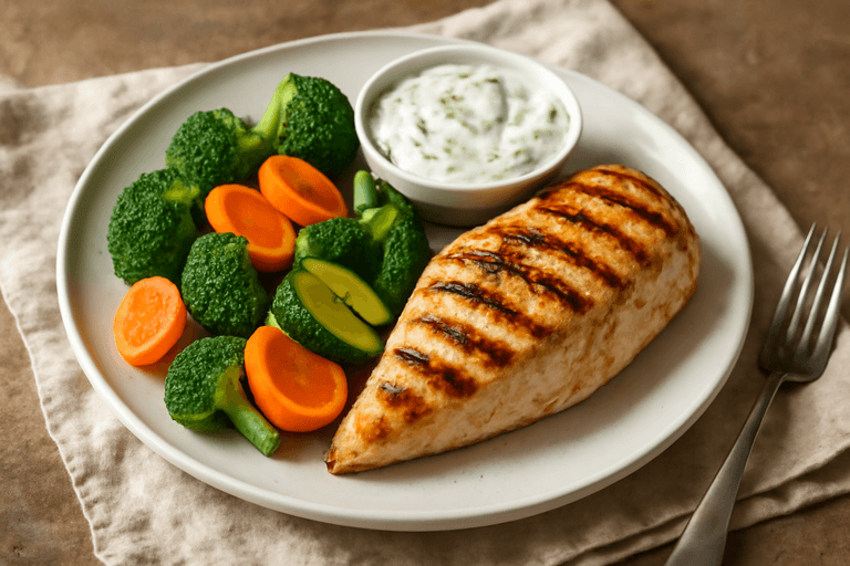 Piept de pui la grătar cu legume la aburi și sos de iaurt