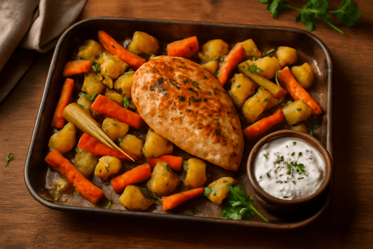 Ugnsbakad kycklingfilé med rotfrukter & örtig yoghurt