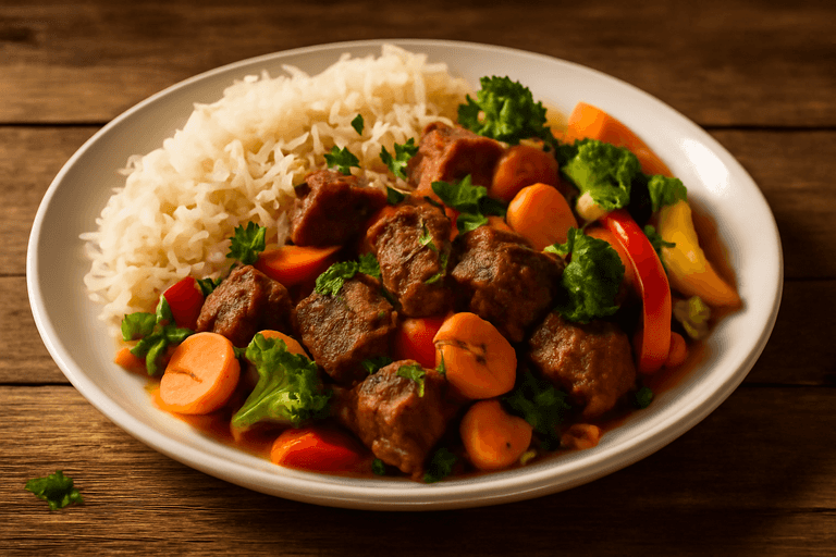 Klassische Proteinreiche Rinderpfanne mit Gemüse und Reis