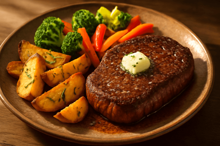 Proteinreiches Rindersteak mit Ofenkartoffeln und buntem Gemüse
