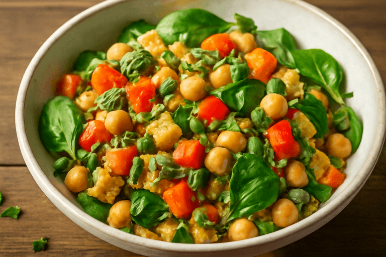Ensalada templada de garbanzos y quinoa con verduras asadas