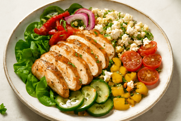 Lätt kycklingsallad med rostade grönsaker och quinoa