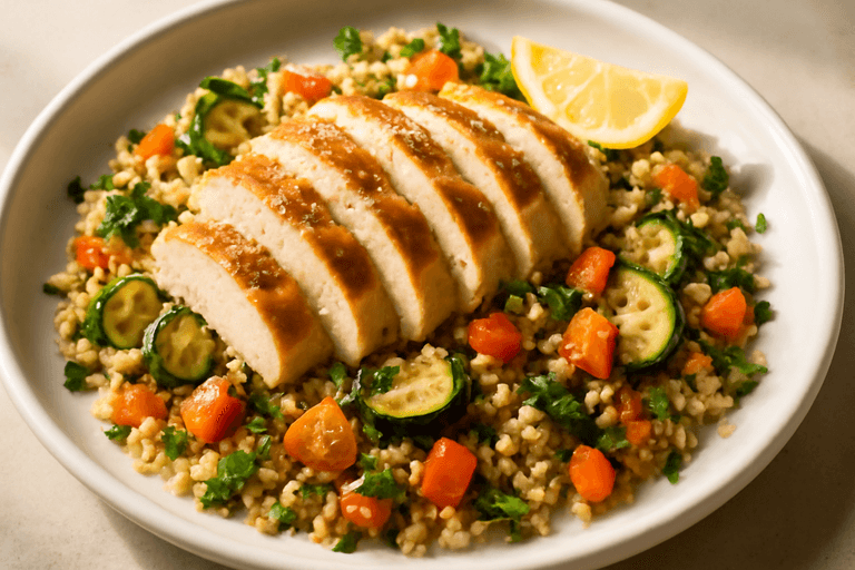 Grillad kyckling med rostade grönsaker och quinoa