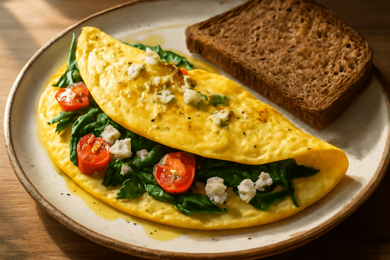 Omletă clasică cu spanac și roșii cherry