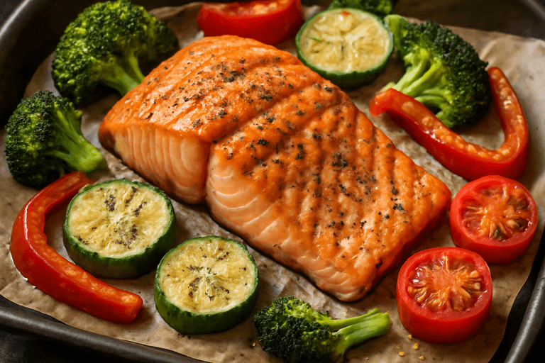 Salmon Panggang dengan Sayur Mediterania