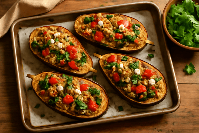 Fylld Aubergine med Quinoa och Grekiska Smaker