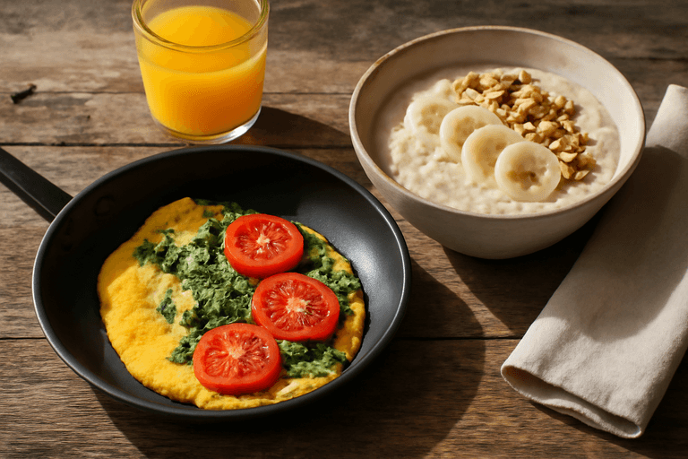 Desayuno Clásico Energético de Omelette Proteico con Avena y Frutas