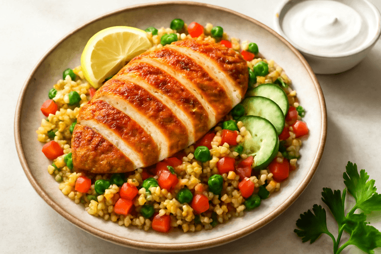 Κοτόπουλο Σχάρας με Πλιγούρι, Λαχανικά & Σάλτσα Γιαουρτιού