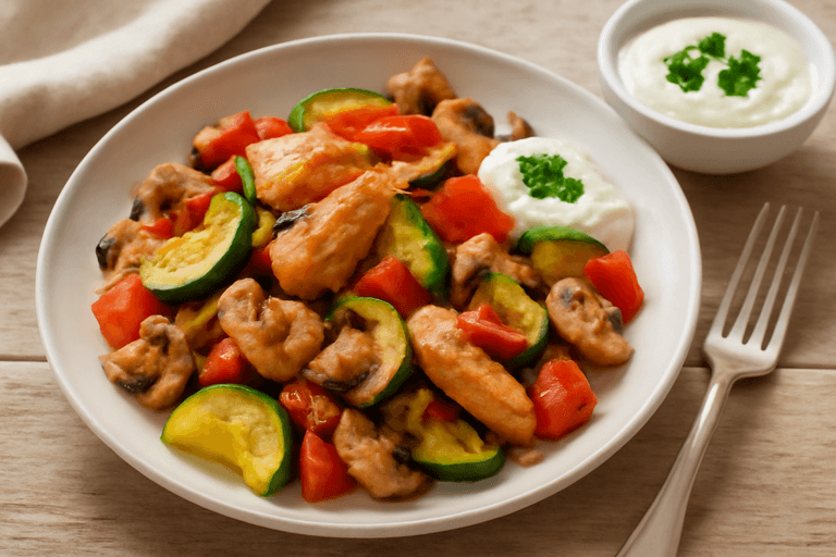 Leichter Hähnchen-Gemüsepfanne mit Zitronendip