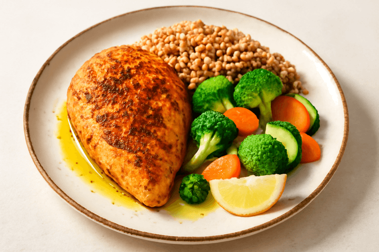 Piersi z kurczaka z warzywami na parze i kaszą