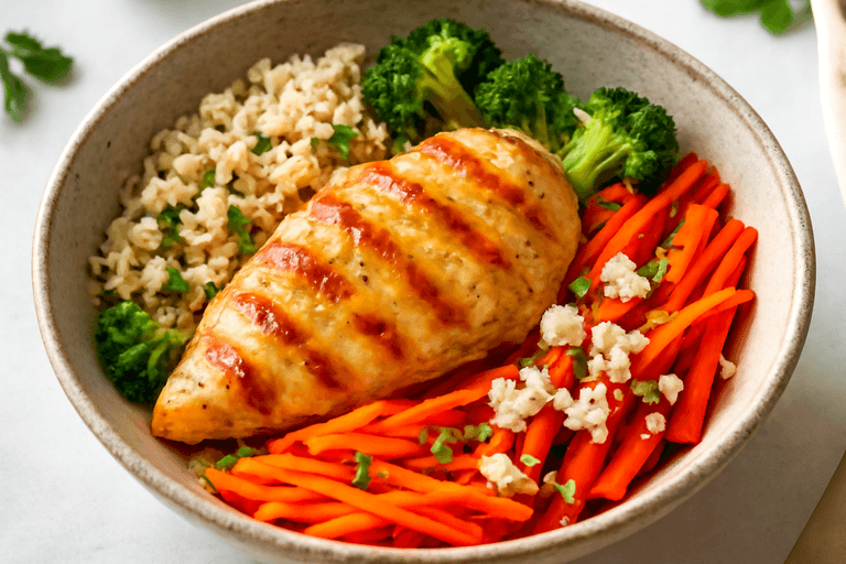Power-Hähnchen-Bowl mit Vollkornreis und Gemüse