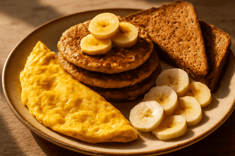 Colazione Energia Classica: Omelette Ricca e Pancake di Avena