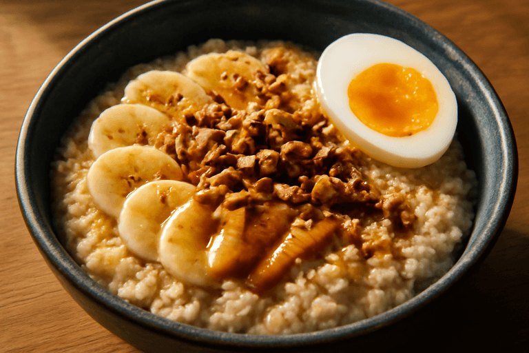Energigivande klassisk frukostskål med havre, ägg & nötter