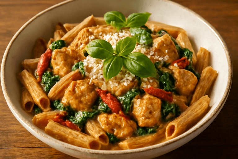 Kraftfull Kycklingpasta med Färsk Spenat och Soltorkade Tomater