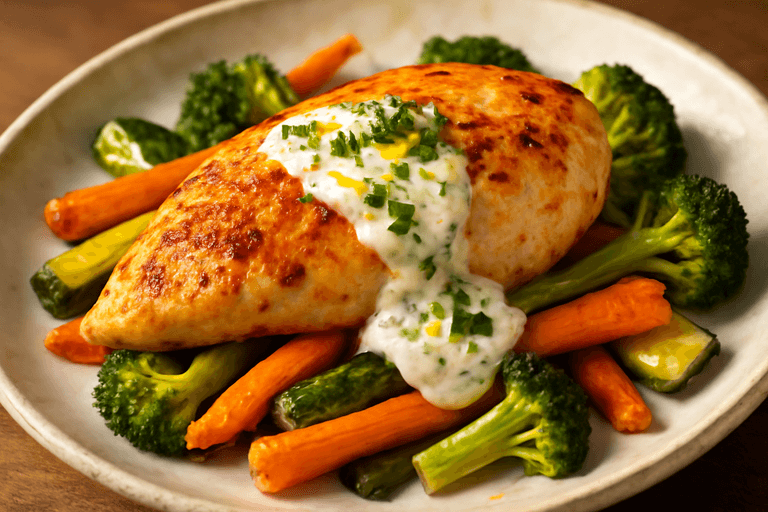 Saftig kycklingfilé med rostade grönsaker och örtig yoghurtsås