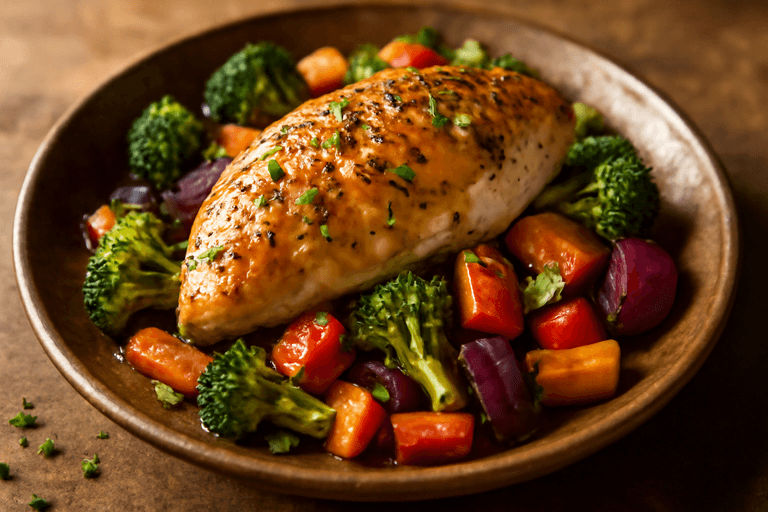 Kyllingfilet med ovnsbakte grønnsaker og sitrondressing