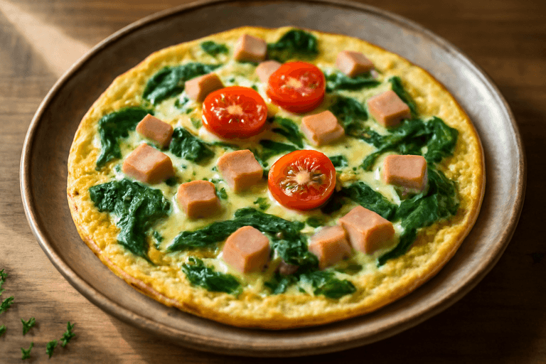 Proteinrikt frokostomelett med spinat og kalkunskinke