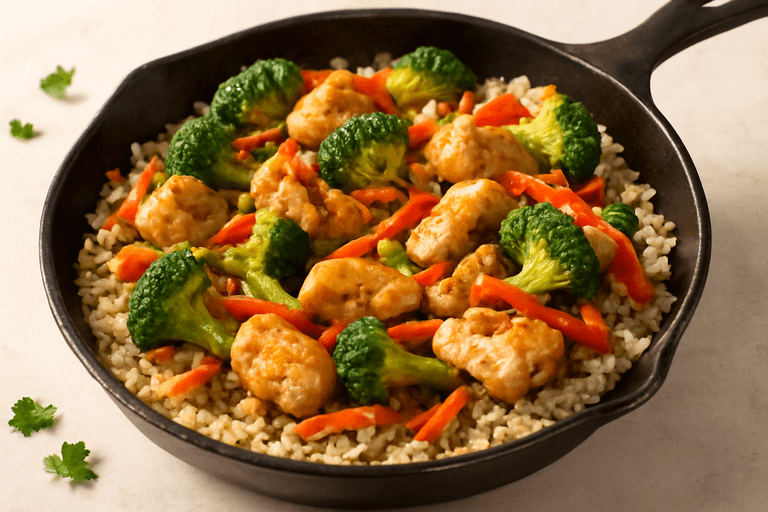 Hähnchen-Gemüse-Pfanne mit Vollkornreis