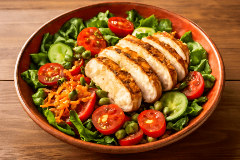 Salată de pui la grătar cu legume proaspete și dressing ușor