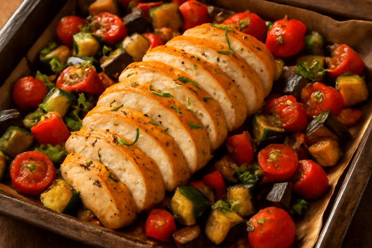 Piept de pui la cuptor cu legume mediteraneene