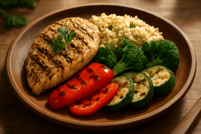 Grillowana pierś z kurczaka z warzywami i kaszą bulgur
