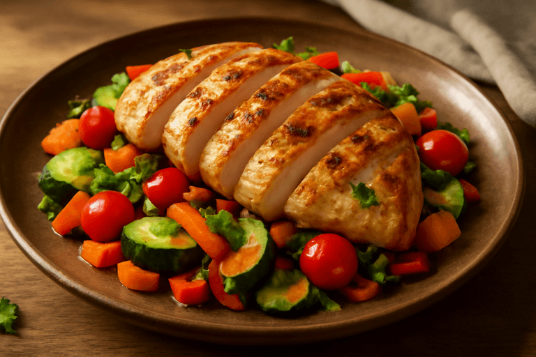 Gegrilltes Hähnchen mit bunter Gemüsepfanne