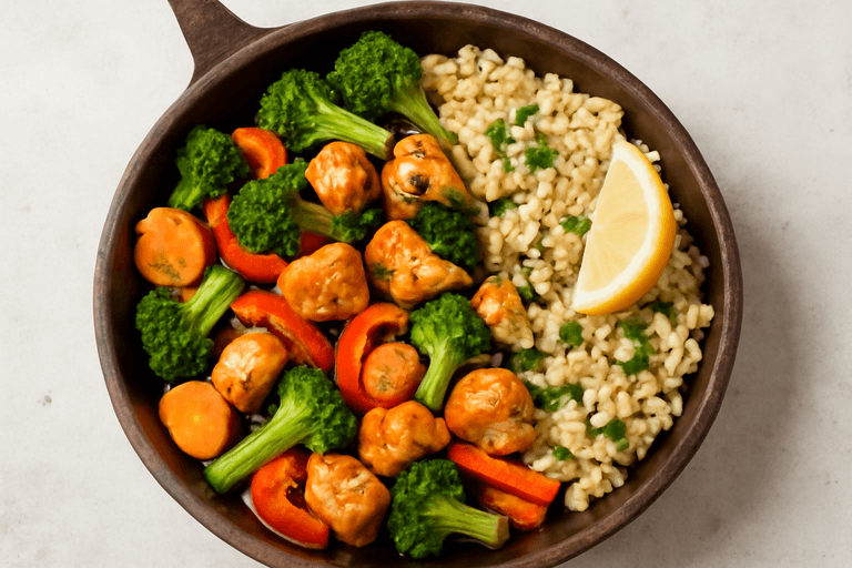 Hähnchen-Gemüse-Pfanne mit Vollkornreis