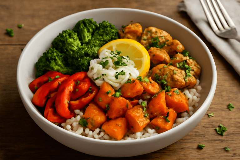 Herzhaftes Hähnchen-Süßkartoffel-Bowl