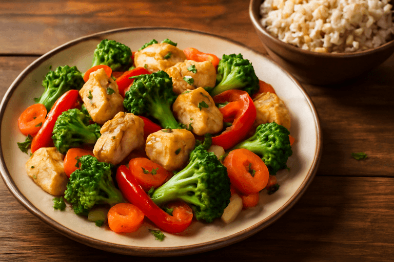 Hähnchen-Gemüse Pfanne mit Vollkornreis