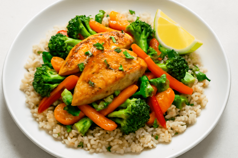 Hähnchen-Gemüse-Pfanne mit Vollkornreis