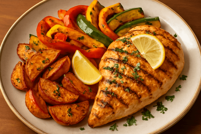 Pollo alla Griglia con Patate Rustiche e Verdure Grigliate