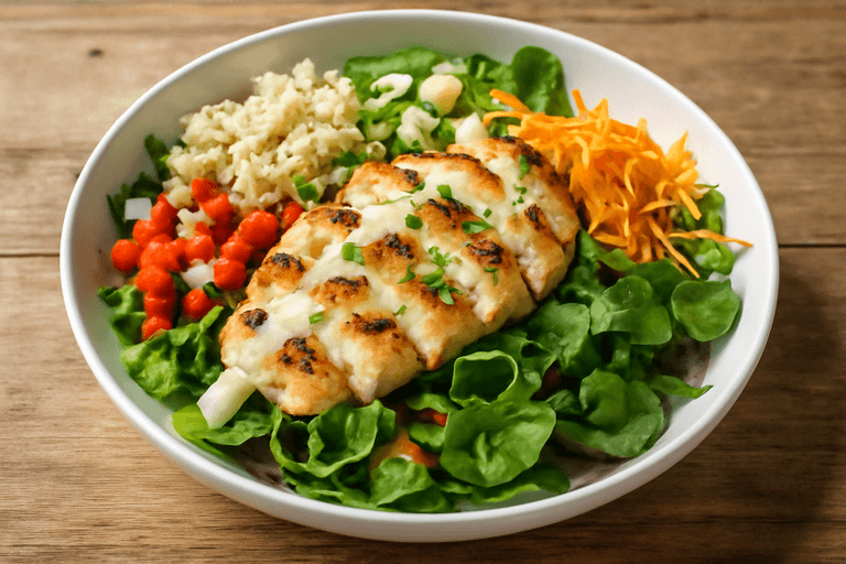 Salade de poulet grillé, quinoa et légumes croquants