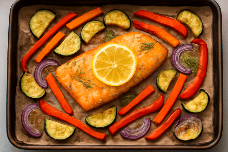Somon la cuptor cu legume proaspete și lămâie