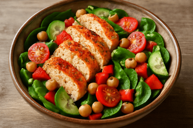 Salată sățioasă cu piept de pui, năut și legume proaspete