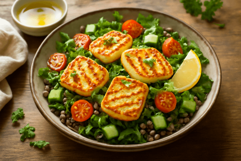 Leichter Linsensalat mit gebratenem Halloumi
