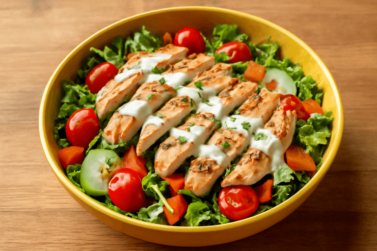 Salată de pui la grătar cu legume crocante și dressing ușor de iaurt