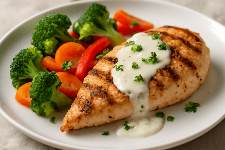 Piept de pui la grătar cu legume la abur și dressing de iaurt
