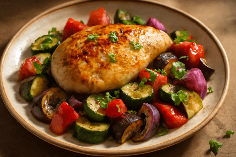 Pollo asado con verduras mediterráneas