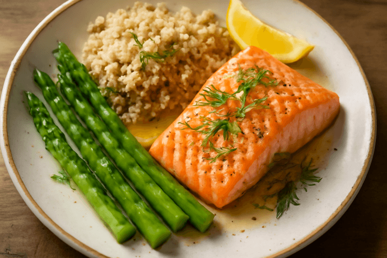 Salmón al horno con espárragos y quinoa