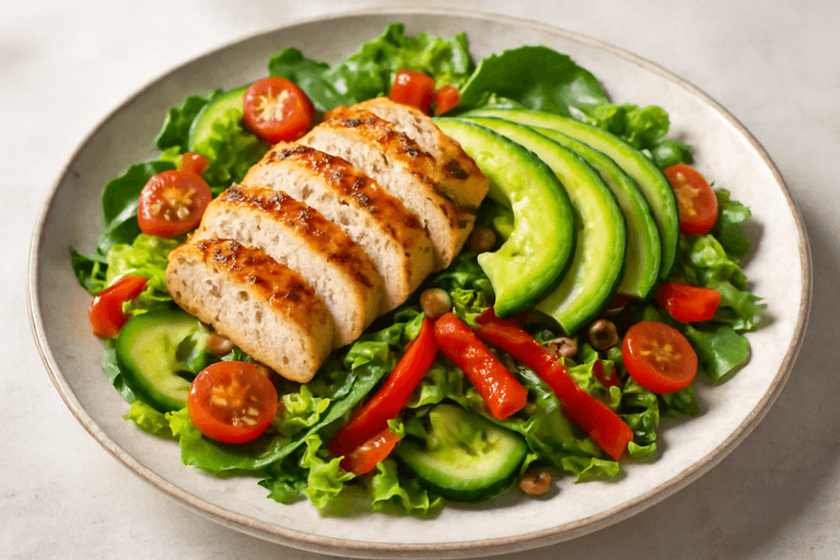 Klassisk kycklingsallad med avokado och rostade frön