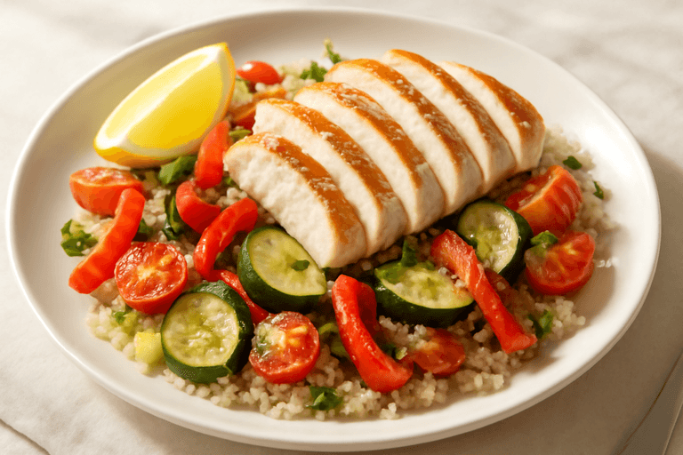 Κοτόπουλο σχάρας με λαχανικά και κινόα