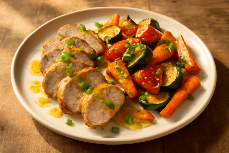 Χοιρινό φιλέτο με ψητά λαχανικά και σάλτσα μουστάρδας-λεμονιού