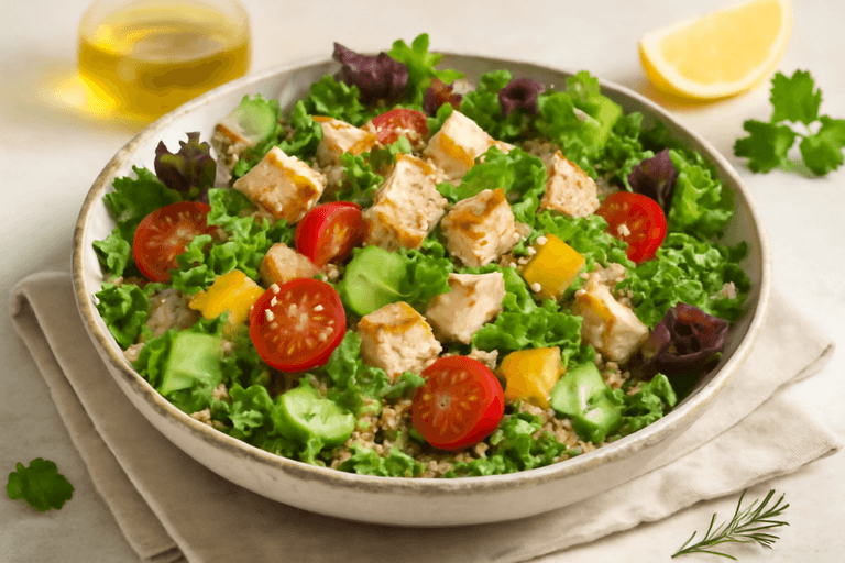 Легкий куриный салат с киноа и овощами