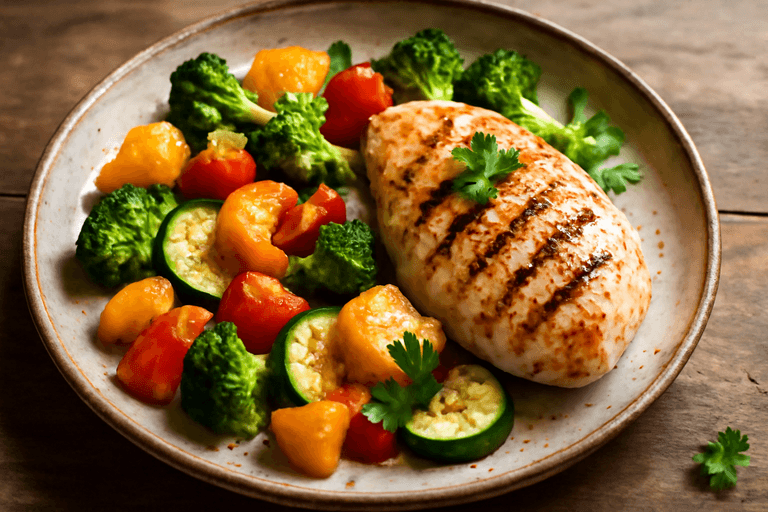 Куриная грудка с овощами на гриле и травами