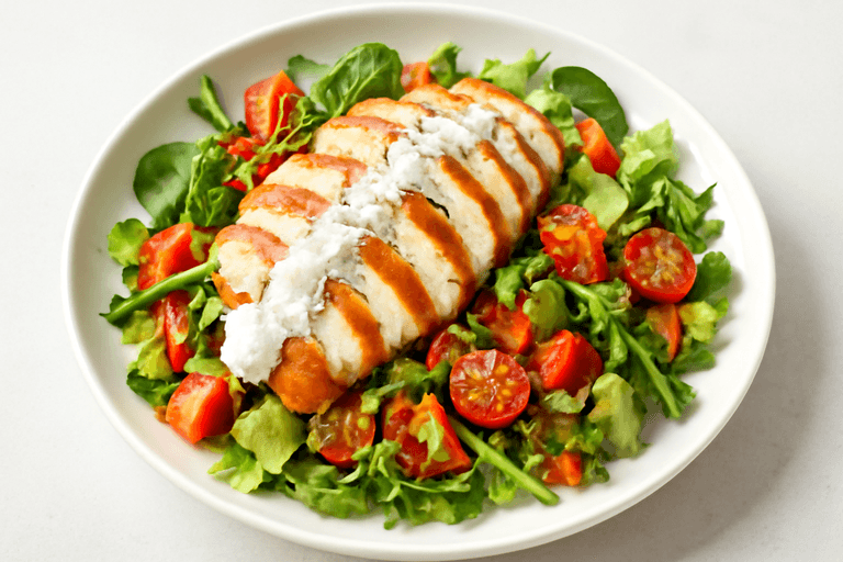 Piept de pui la grătar cu salată de legume proaspete și dressing de iaurt